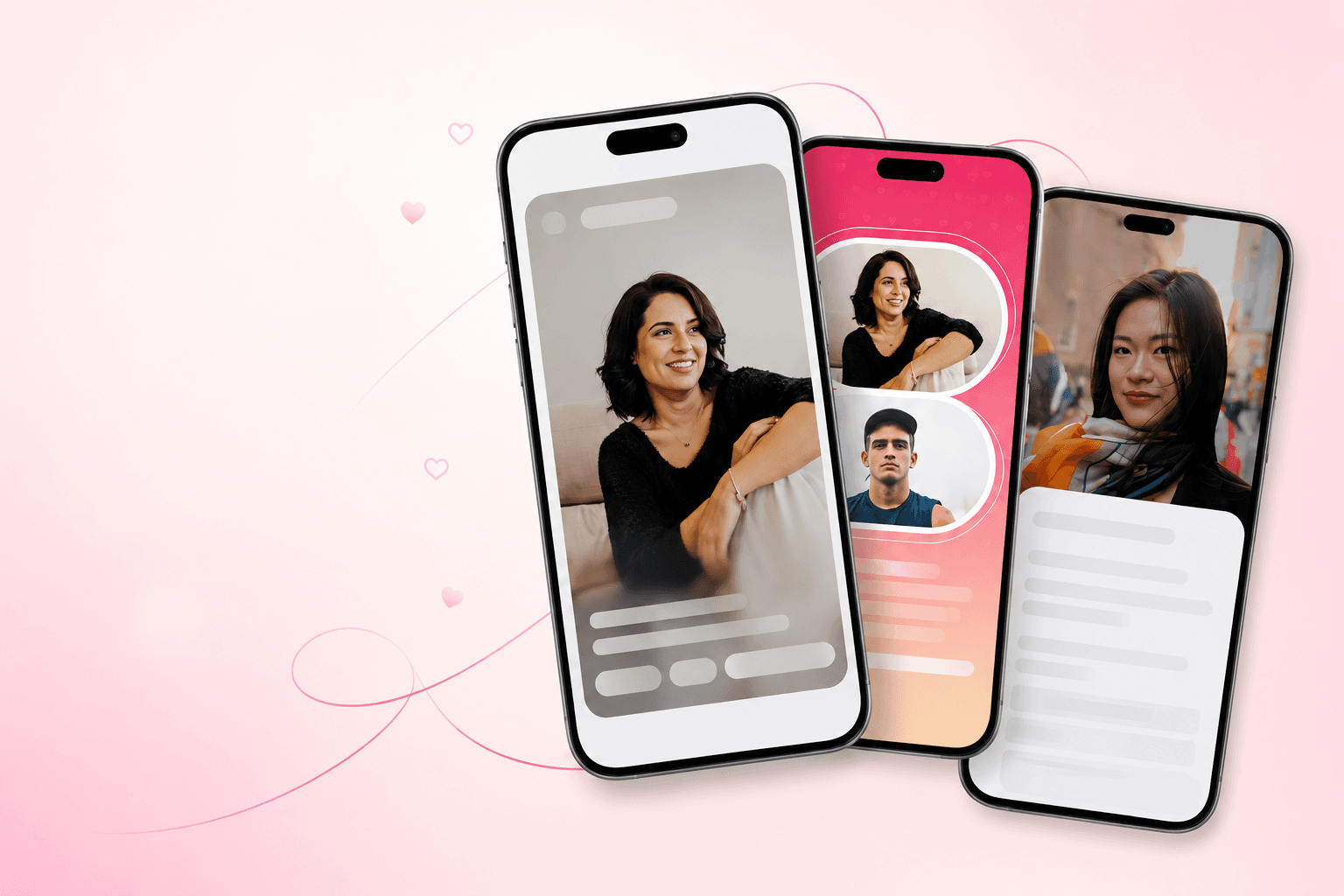 Three phones showing Couplify profile and match screens