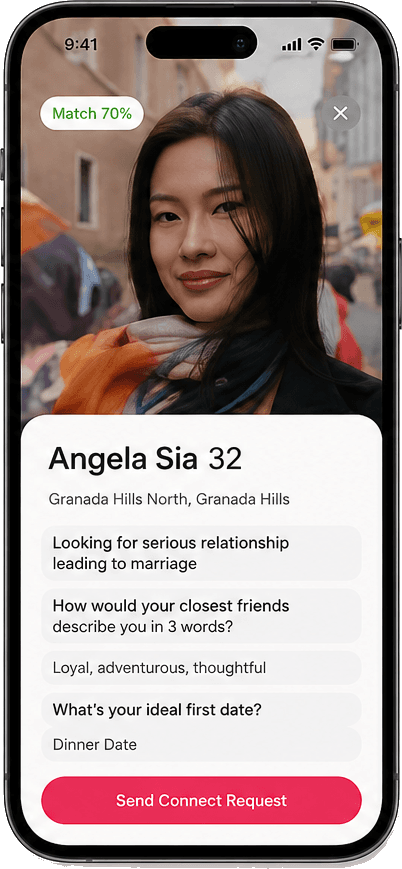 Couplify profile screen for Angela